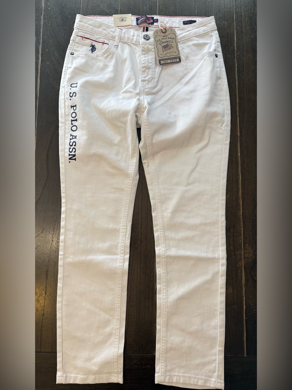 NWT White Slim Jeans Side Logo Mid Rise Stretch 30x27 Preppy Coastal